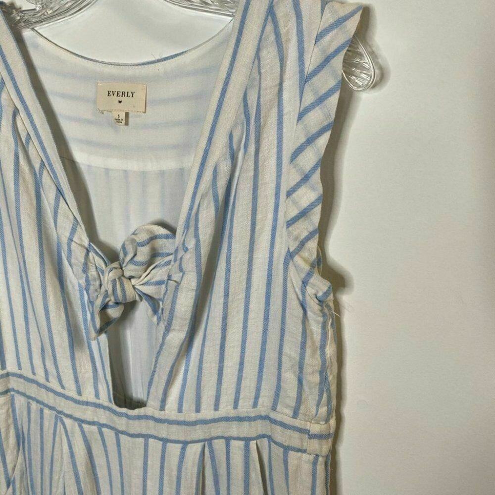 everly Tie-Front Culotte Jumpsuit in Ikat Stripe white blue sz small linen - Picture 8 of 12